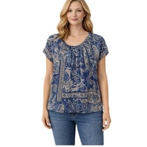 Chaps Blue and Beige Paisley Knit Top Size Large